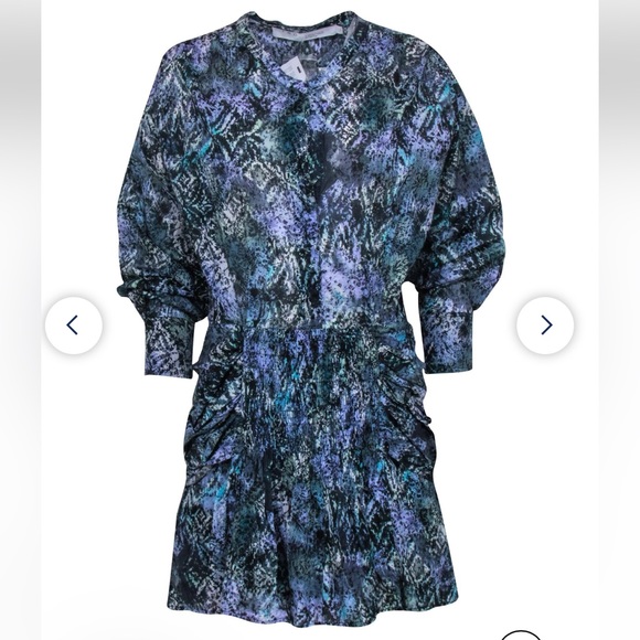 IRO DENIZ Blue Purple abstract DRESS NEW LUXURY A0554 Cotton Ruched Waist sz 34 - Picture 2 of 16